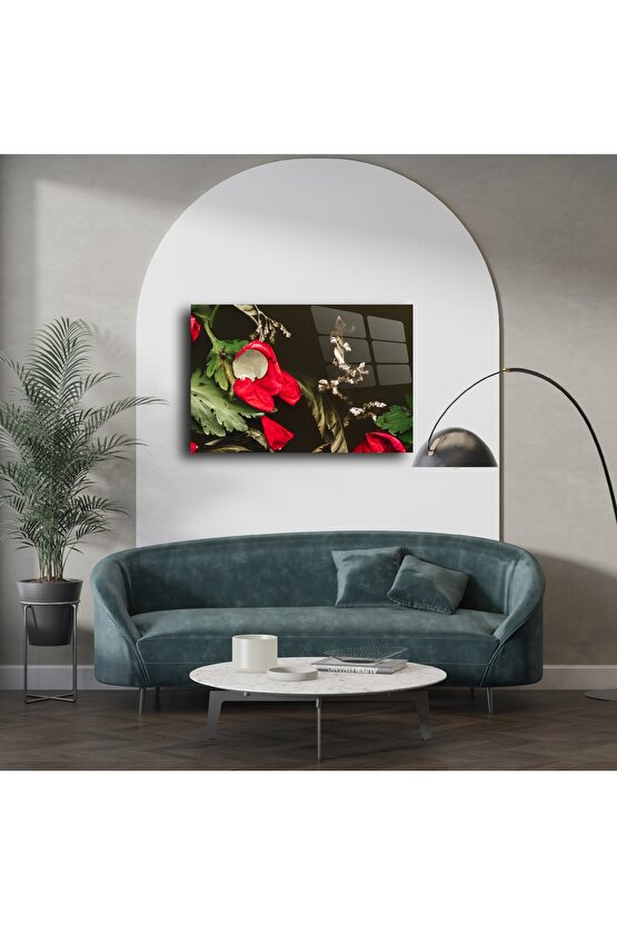 Kırmızı Gelincik Çiçekli Cam Tablo