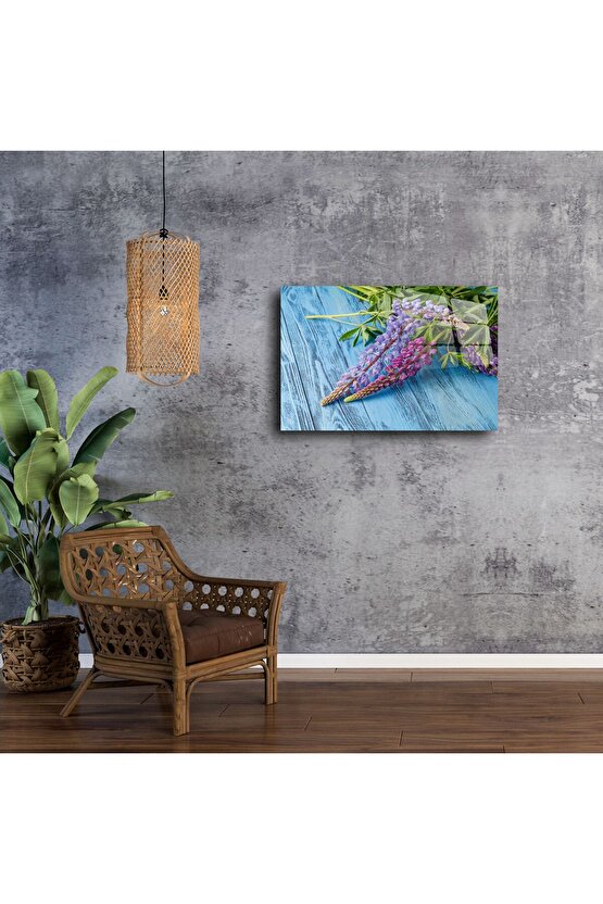 Cam Tablo Mor Mavi Lupin Çiçekleri