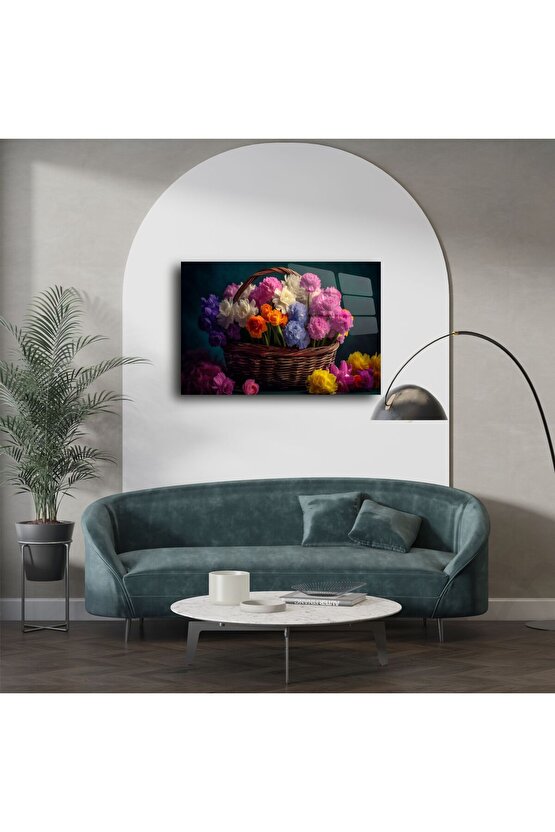 Dekoratif Renkli Çiçek Sepeti Cam Tablo