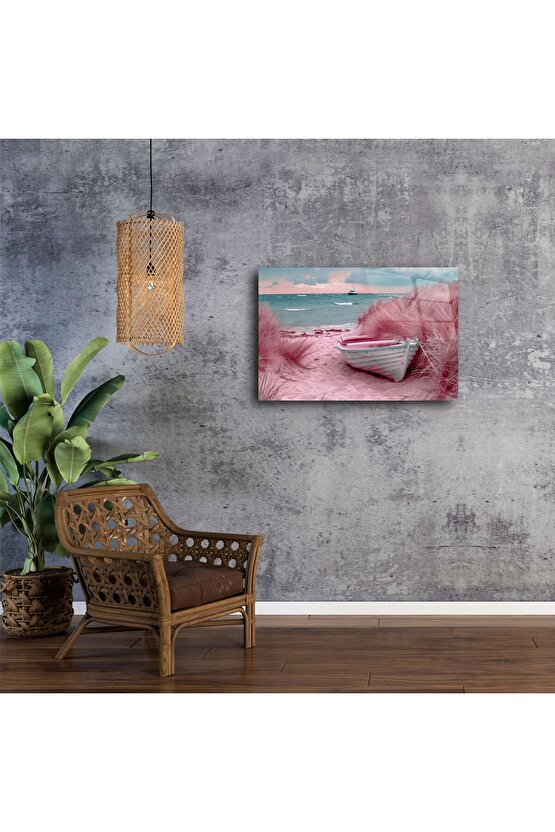 Pastel Sahil ve Tekne Cam Tablo