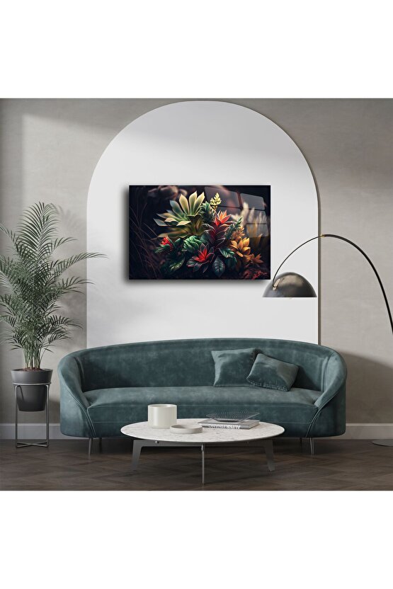 Lüks Cam Tablo Renkli Tropikal Yapraklar