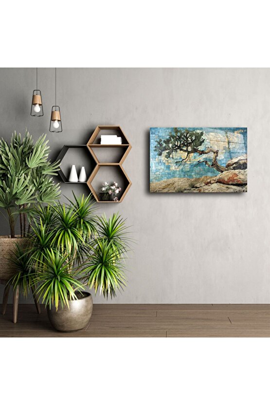 Zarif Mavi Mozaik Ağaç Duvar Sanatı