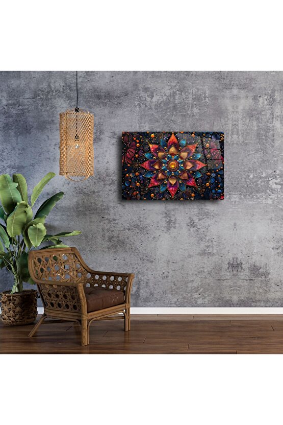 Mandala Desenli Renkli Cam Duvar Tablosu