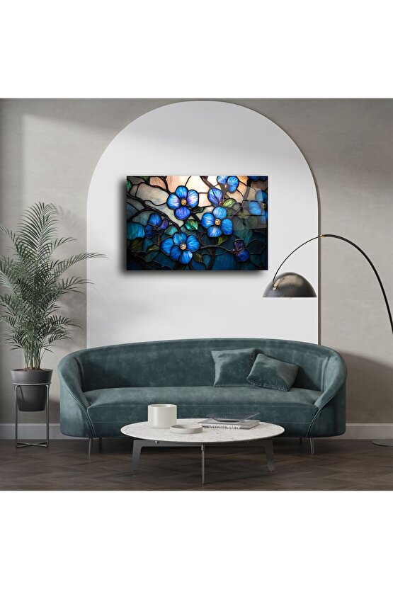 Mavi Çiçekli Vitray Cam Tablo