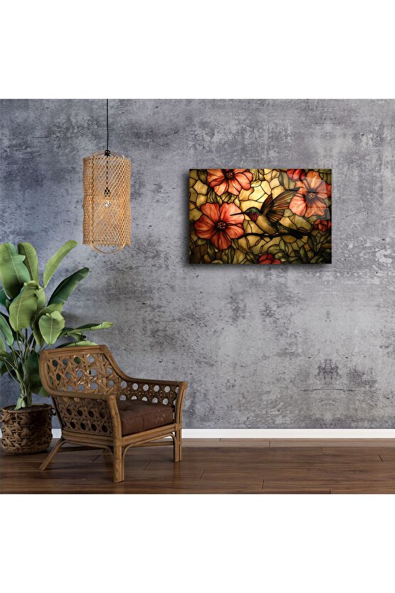 Kuş ve Çiçekli Cam Tablo