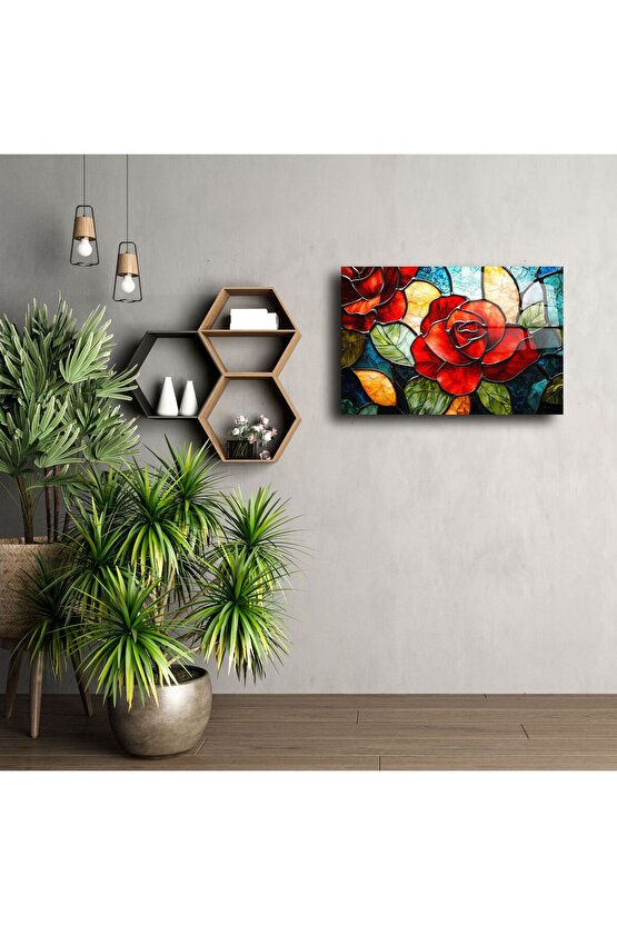 İkili Kırmızı Gül Cam Tablo