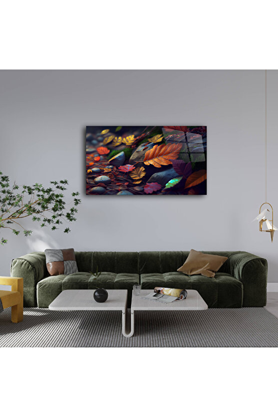 Renkli Yapraklar ve Taşlar Cam Tablo Duvar Dekoru