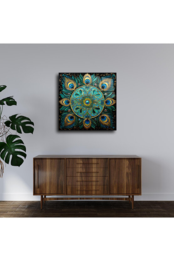 Tavus Kuşu Tüyü Mandala Cam Tablo Duvar Dekoru