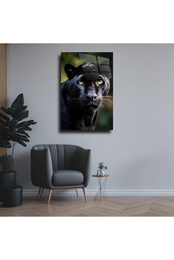 Kara Siyah Panter Cam Tablo Duvar Dekoru