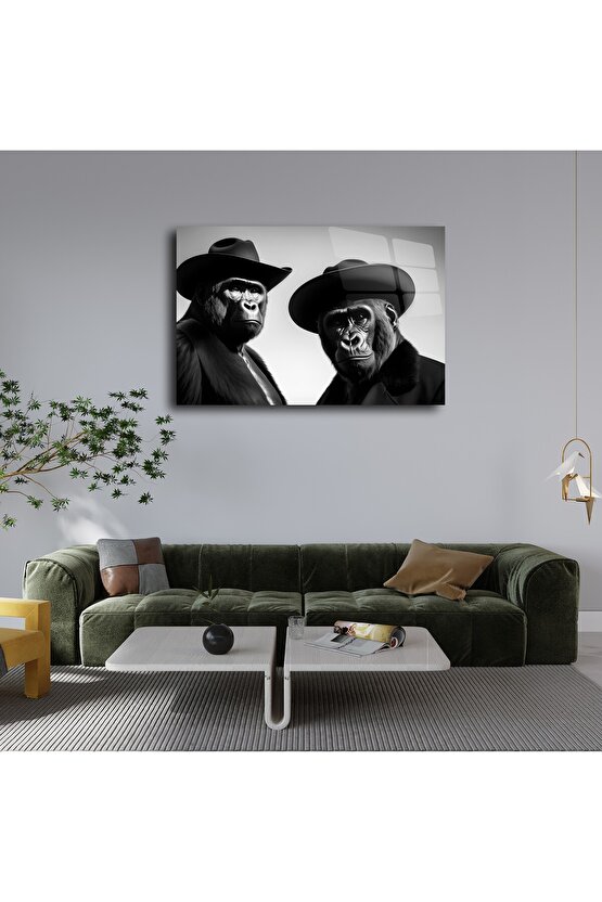 Şapkalı Goril Cam Tablo Duvar Dekoru