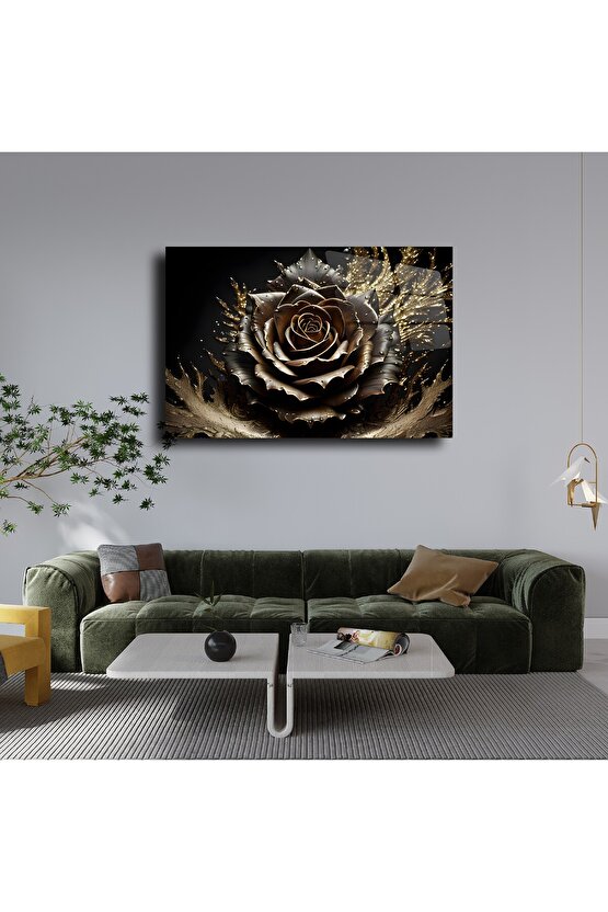 Gold Renkli Gül Cam Tablo Duvar Dekoru 1