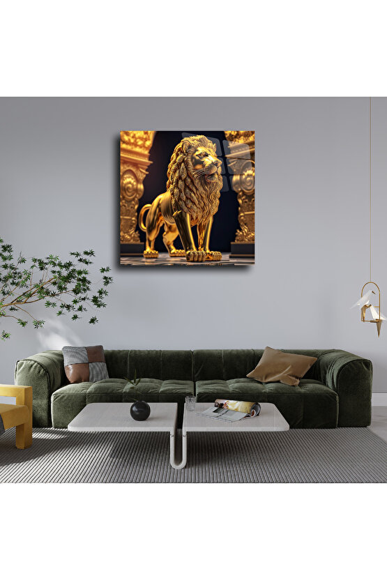 Gold Altın Sarısı Aslan Cam Tablo Duvar Dekoru