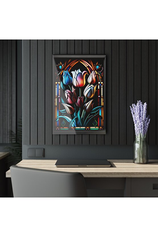 Renkli Lale Cam Tablo Duvar Dekoru