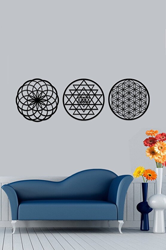 Ahşap 3 Mm Mdfyaşam Çiçeği Sri Yantra Ve Torus 3lü Set Duvar Tablosu 35x35