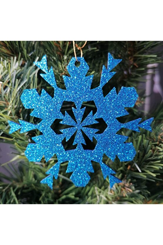 Mavi Kar Tanesi Simli Eva Ağaç Ve Hediye Süsü 8x8cm 12 Li