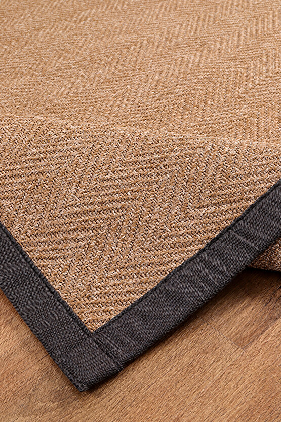 0503-Antrasit Kumaş Bordür Sisal Halı Kilim Hav Toz Vermez Kolay Temizlenen Hasır Kilim
