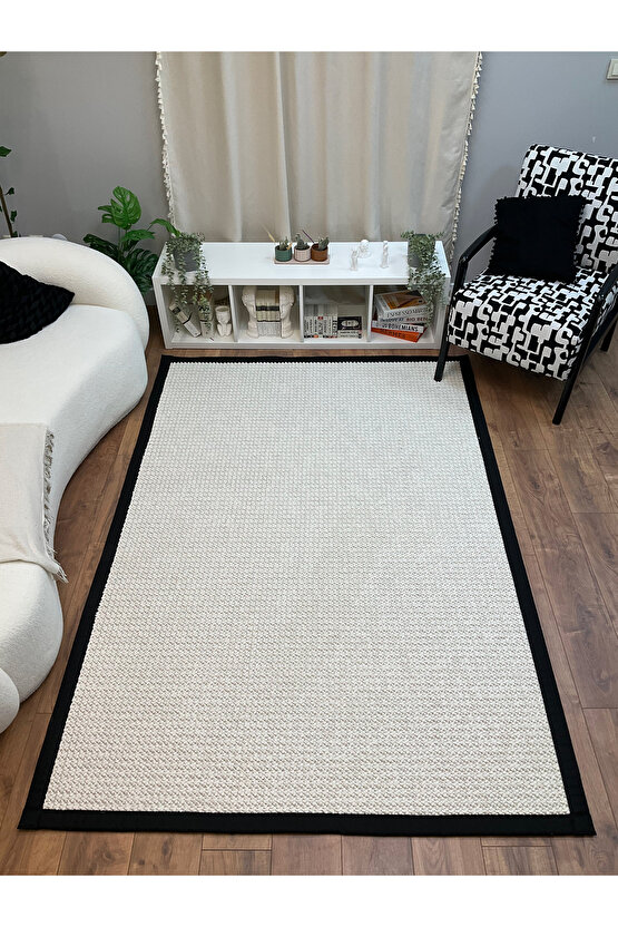 Kumaş Bordür Beyaz Bukle Siyah Bordür  Halı Salon Koridor Mutfak Çocuk Odası Halısı  Kilim S256