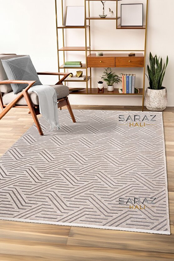 Ada Kilim Modern Salon Mutfak Koridor Kesme Yolluk Dokuma Makine Halısı zigzag krem