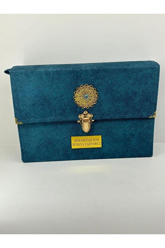 Hatim Cüzü Hatim Seti 30 Cüzü Rahle Boy 20x28 Petrol Nubuk Çantalı Kadife Kuranı Kerim Sesli Dinleme