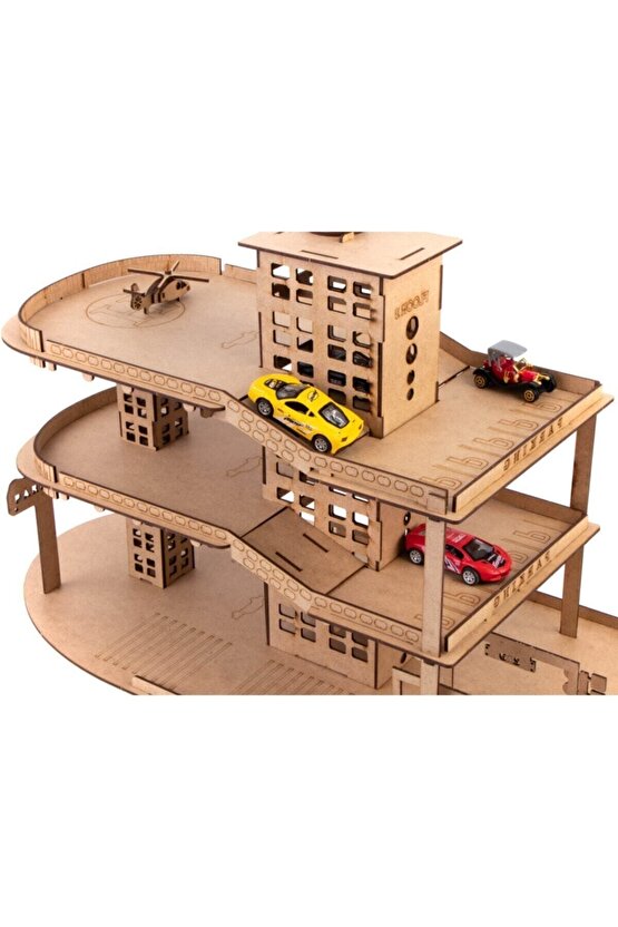 Doğal Ahşap Boyanabilir Asansörlü 3 Katlı Araç Otoparkı 66 Parça Ahşap Yapboz Hobi Oyuncak