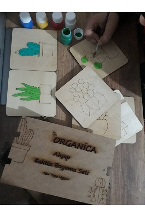 Kaligrafi Fon Hediyeli Ahşap Üzerine Kaktüs Figürlü Beceri Geliştiren Ahşap Boyama Sandığı Seti
