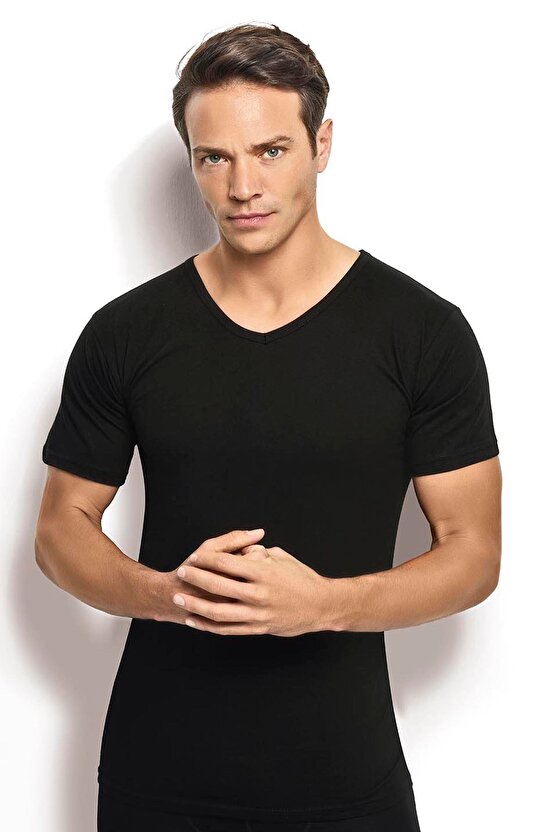 Erkek Siyah Pamuklu V Yaka Atlet 112