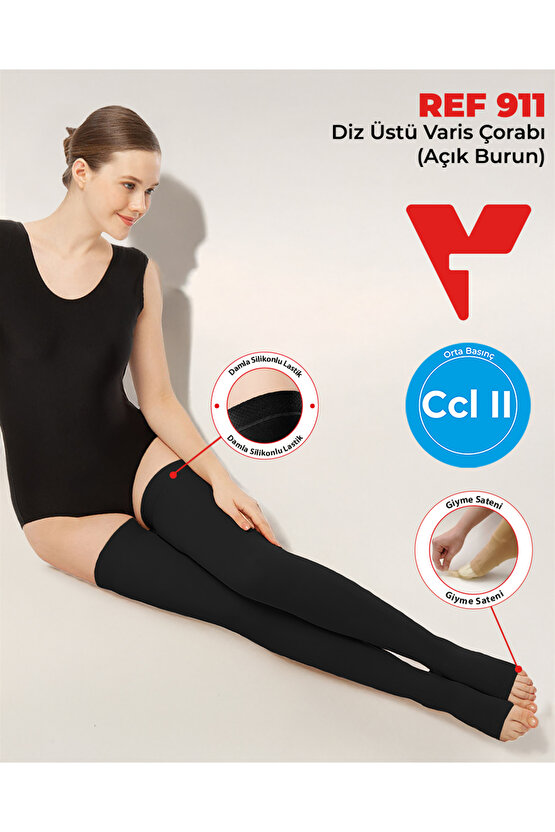 REF 911 Diz Üstü Varıs Çorabı (Açık Burun) Siyah