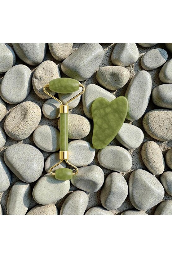 Yeşim %100 Doğal Taş Masaj Aleti Ve Kalp Gua Sha Yüz Bakım Taşı