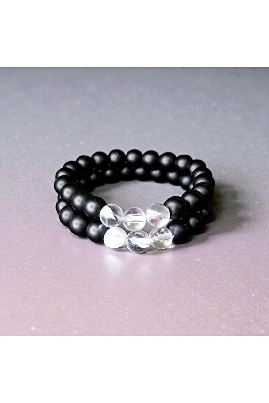 Oniks & Beyaz Çek Kristali (termal Kuvars) Doğaltaş Sevgili Bilekliği