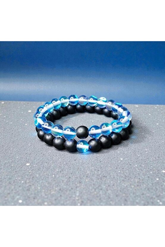 Oniks & Mavi Çek Kristali (termal Kuvars) Doğaltaş Sevgili Bilekliği