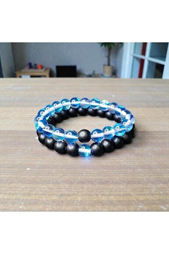 Oniks & Mavi Çek Kristali (termal Kuvars) Doğaltaş Sevgili Bilekliği