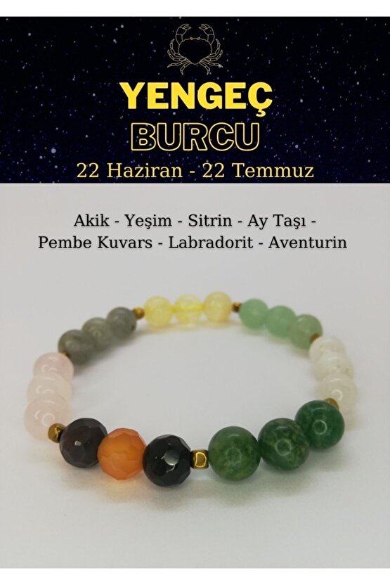 Yengeç Burcu Bilekliği Sitrin, Aytaşı, Yeşim, Aventurin, Pembe Kuvars, Akik, Labradorit