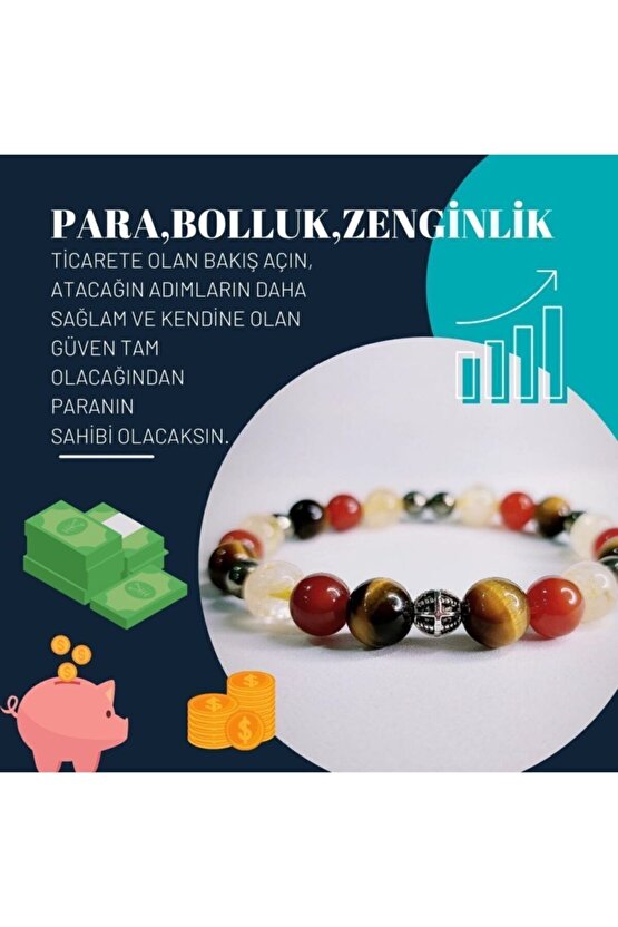 Doğaltaş Unisex Para - Bolluk - Bereket - Zenginlik Tılsım Bilekliği Sitrin, Kaplangözü, Pirit, Akik