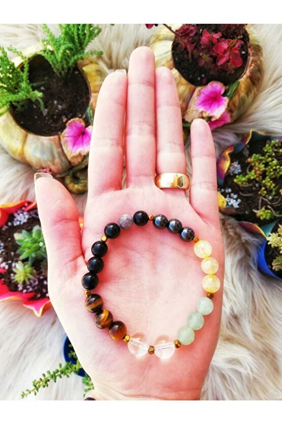 Aslan Burcu Bilekliği Kaplangözü, Sitrin, Aventurin, Hematit, Turmalin, Oniks, Kristal Kuvars