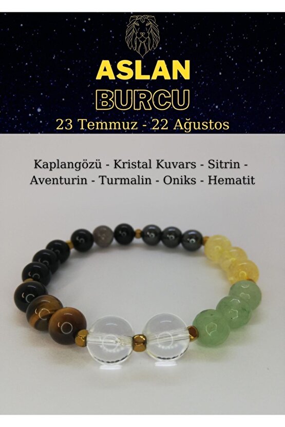 Aslan Burcu Bilekliği Kaplangözü, Sitrin, Aventurin, Hematit, Turmalin, Oniks, Kristal Kuvars