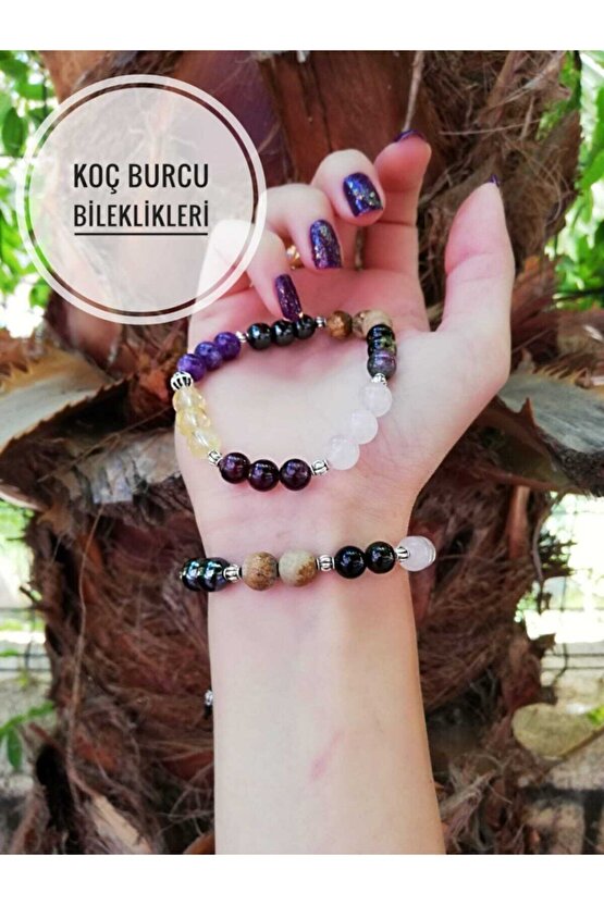 Koç Burcu Bilekliği Ametist, Sitrin, Hematit, Jasper, Pembe Kuvars, Turmalin, Granat Lal