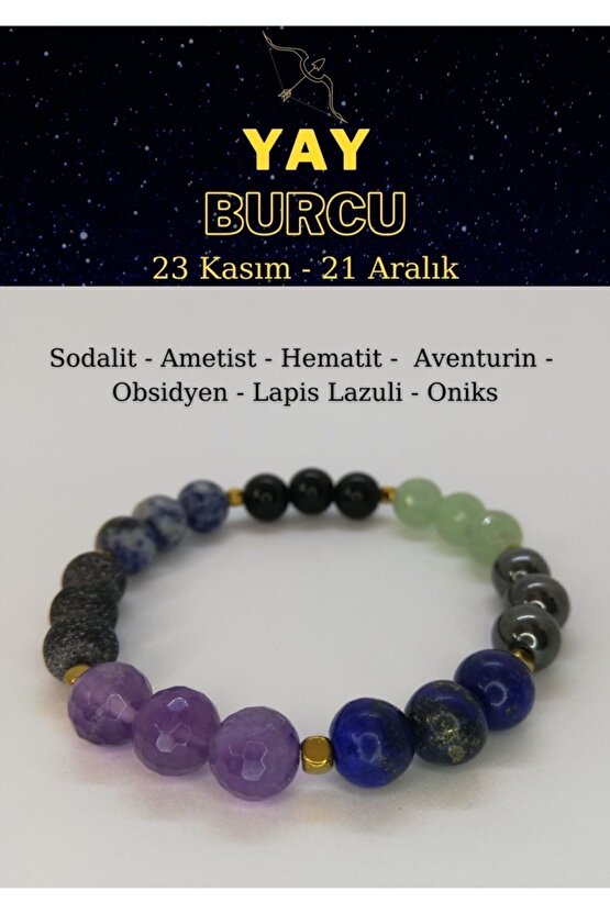 Yay Burcu Bilekliği Ametist, Obsidyen, Hematit, Aventurin, Sodalit, Lapis Lazuli, Oniks