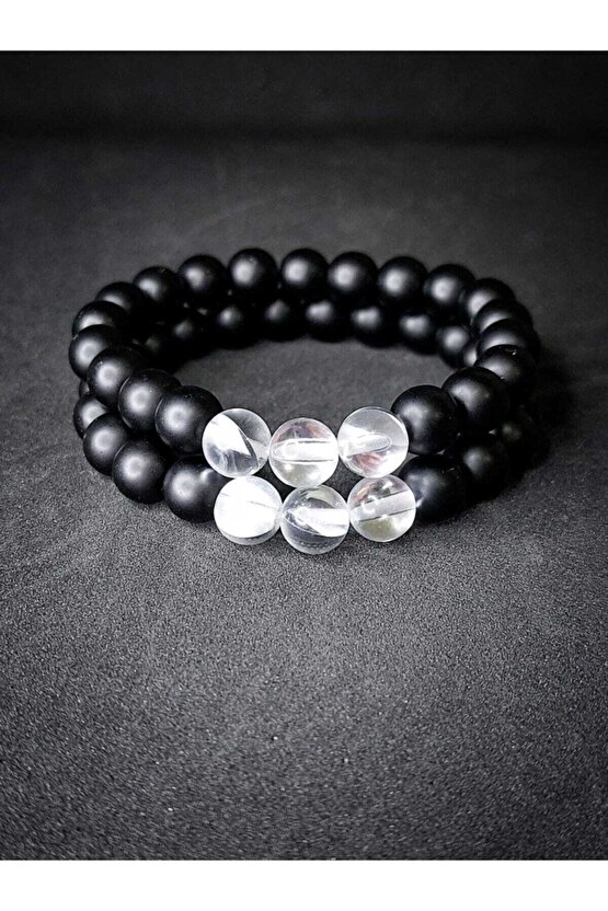 Oniks & Beyaz Çek Kristali (termal Kuvars) Doğaltaş Sevgili Bilekliği