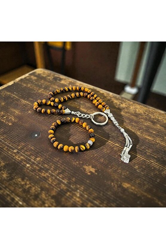 3üçlü kaplan goözü tesbih ve bilekılık ve anaktarlık set