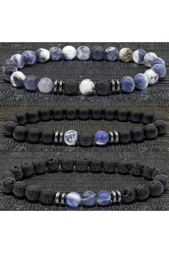 Sodalit , Oniks , Lav Doğal Taş Bileklik Seti ( Mantıksal Düşünme Ve Problem Çözme ) 8Mm