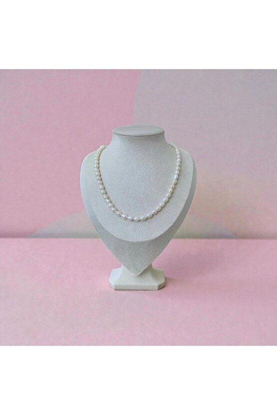 40cm Doğal Orta Boy Arpa Inci Kolye - Çelik Aparat - 40cm 7cm Uzatma Zinciri