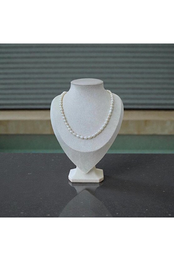 40cm Doğal Orta Boy Arpa Inci Kolye - Çelik Aparat - 40cm 7cm Uzatma Zinciri