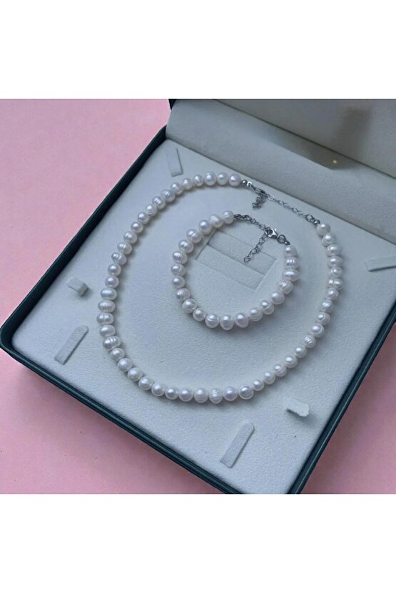 50cm - Sertifikalı 925 Ayar Gümüş Doğal 8mm İnci Kolye Bileklik Set