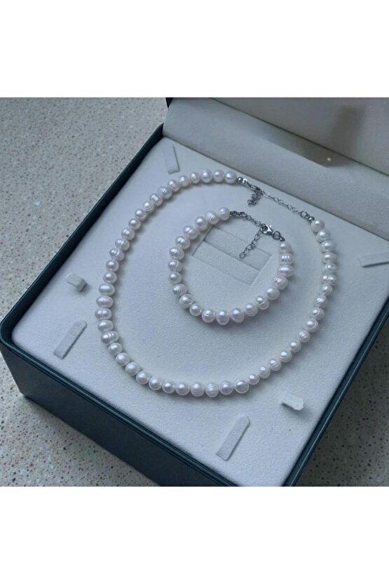 50cm - Sertifikalı 925 Ayar Gümüş Doğal 8mm İnci Kolye Bileklik Set