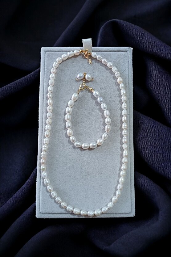 Şifalı Doğal Taş Inci Bileklik Kolye Set %100 Gerçek Inci Çelik Aparat 35 5 Cm