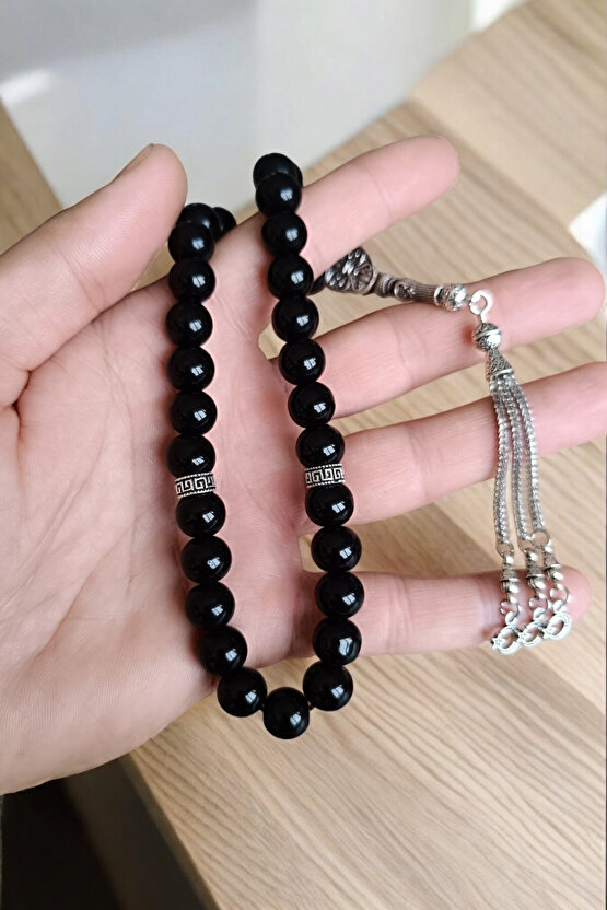 Parlak oniks Tesbih 33lük Tesbih Oniks Taşı Tesbih Sertifikalı Özel  MDF kutusunda 10 mm
