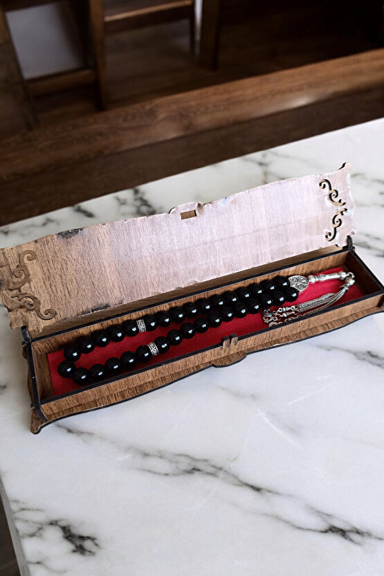 Parlak oniks Tesbih 33lük Tesbih Oniks Taşı Tesbih Sertifikalı Özel  MDF kutusunda 10 mm