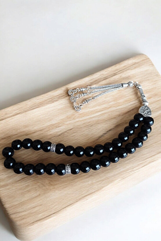 Parlak oniks Tesbih 33lük Tesbih Oniks Taşı Tesbih Sertifikalı Özel  MDF kutusunda 10 mm