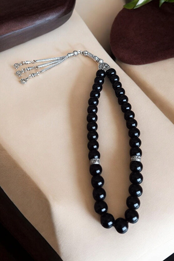 Parlak oniks Tesbih 33lük Tesbih Oniks Taşı Tesbih Sertifikalı Özel  MDF kutusunda 10 mm