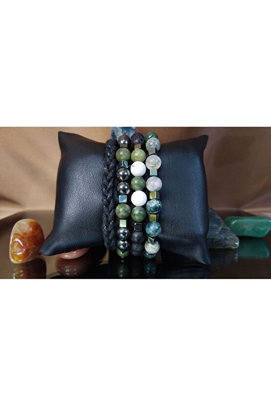 Erkek Doğal Taş Sertifikalı Bileklik. Hematit, Akik, Yeşim, Havlit, Lav Taşı, Deri Bileklik